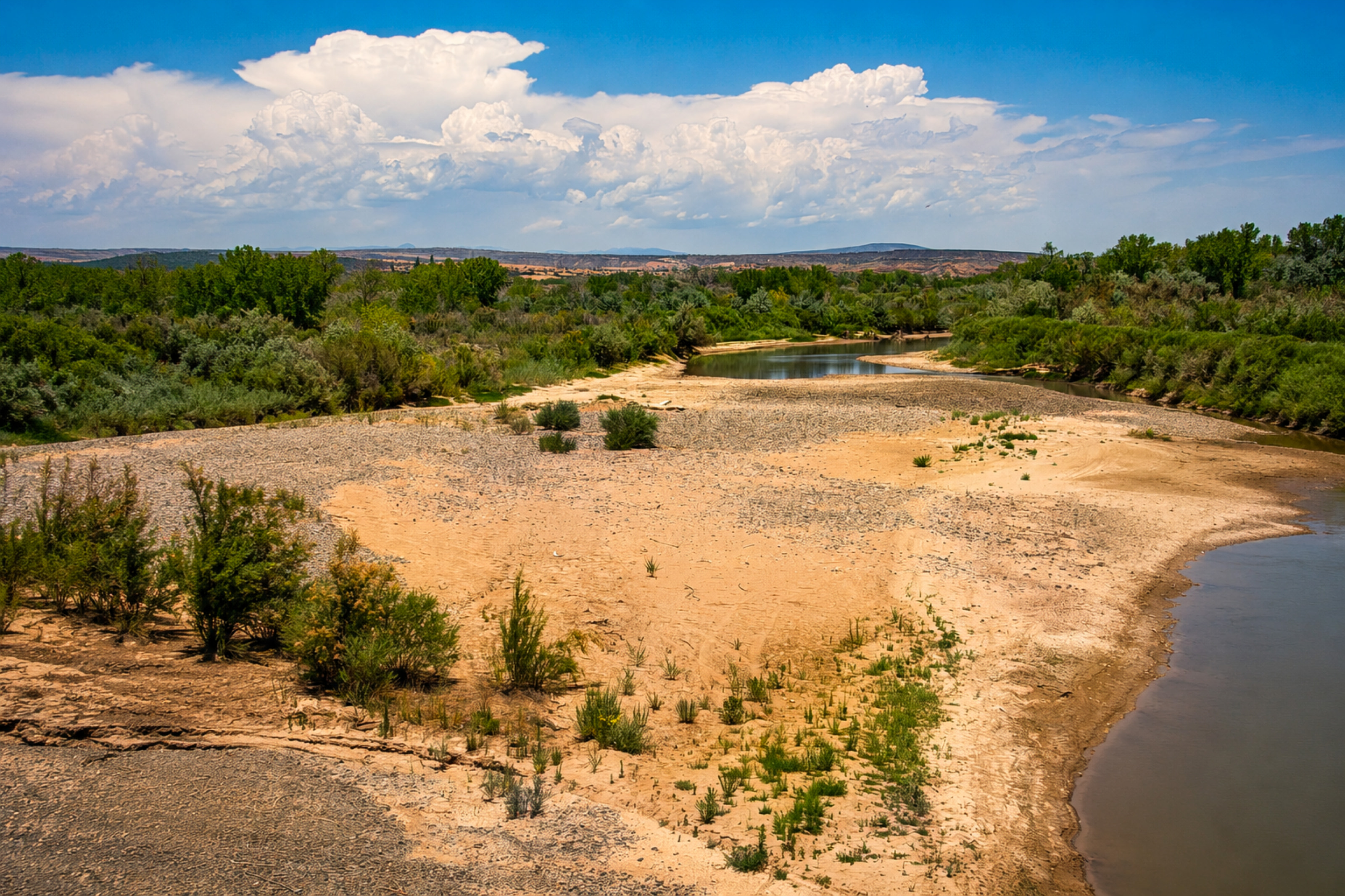 A dry riverbed where the Rio Grande once ran.