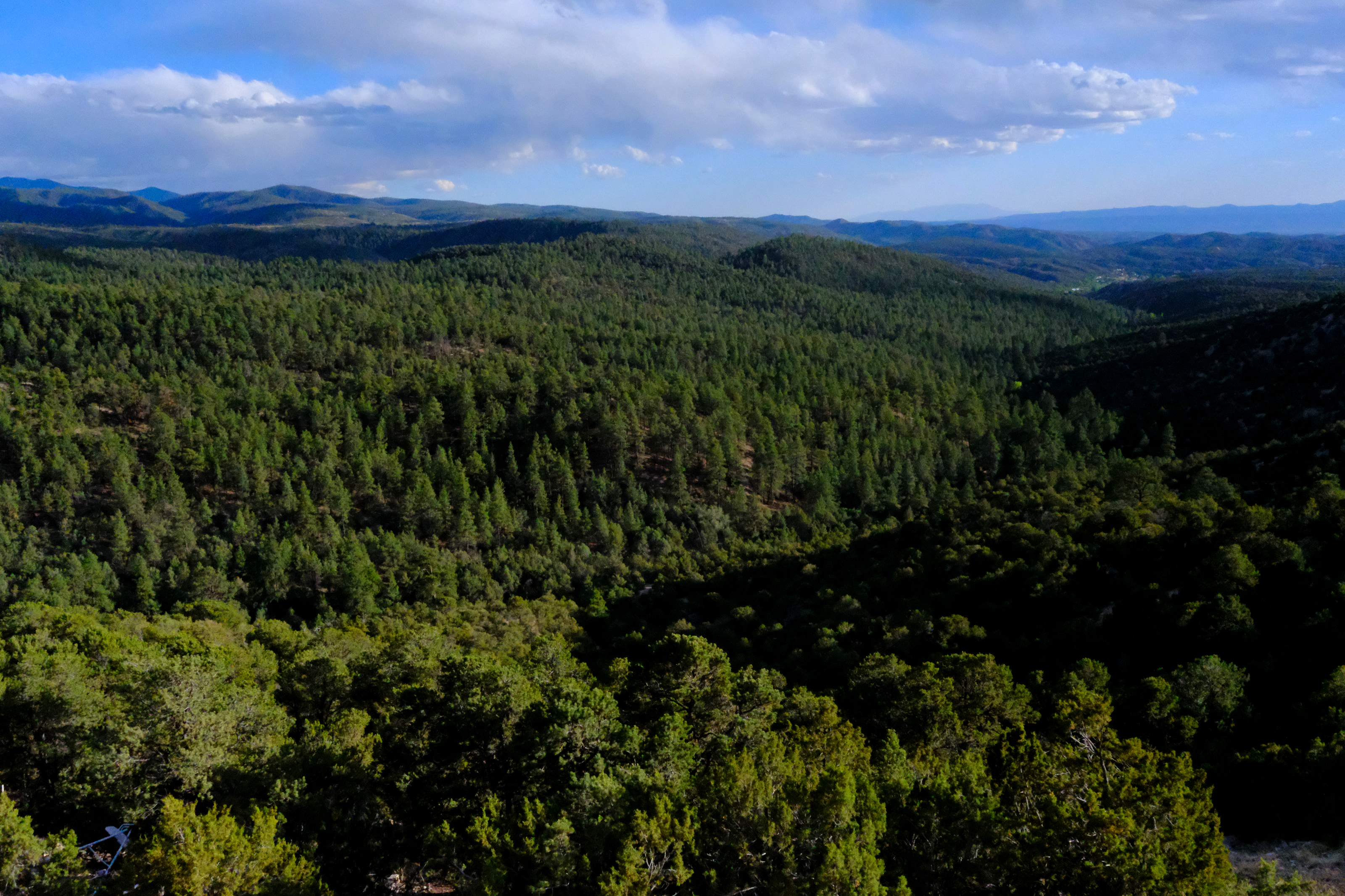 Green forested ridges of the Sangre de Cristo range.